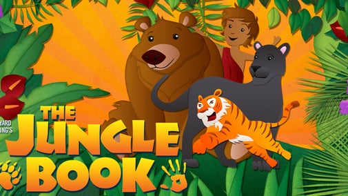Graphic illustration of a jungle scene with a bear, panther, tiger and young boy. Text says 'Rudyard Kipling's The Jungle Book'.
